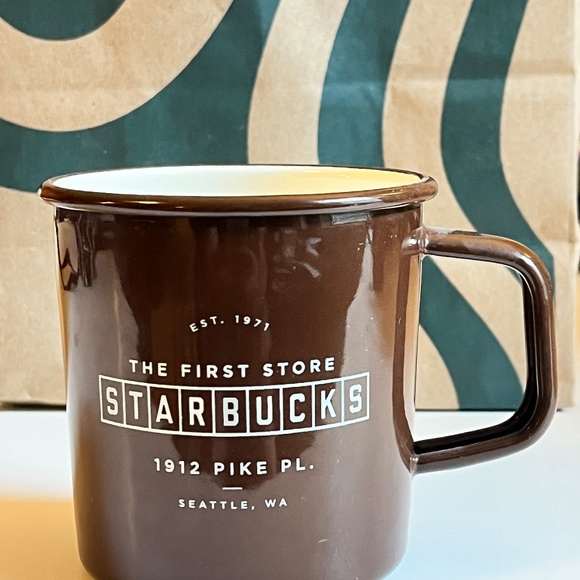 STARBUCKS 14 oz Brown Enamel THE FIRST STARBUCKS STORE Pike Place Coffee Mug - Picture 1 of 4